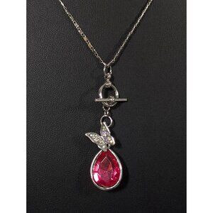 Boho Butterfly Teardrop Pendant AB Crystal Pave Toggle Necklace Silver Tone 18"